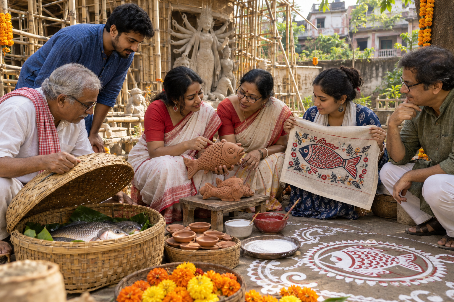 Bengali adults examine a fresh fish, a clay ornament, embroidery, and a floor motif in a Durga Puja artisan courtyard.