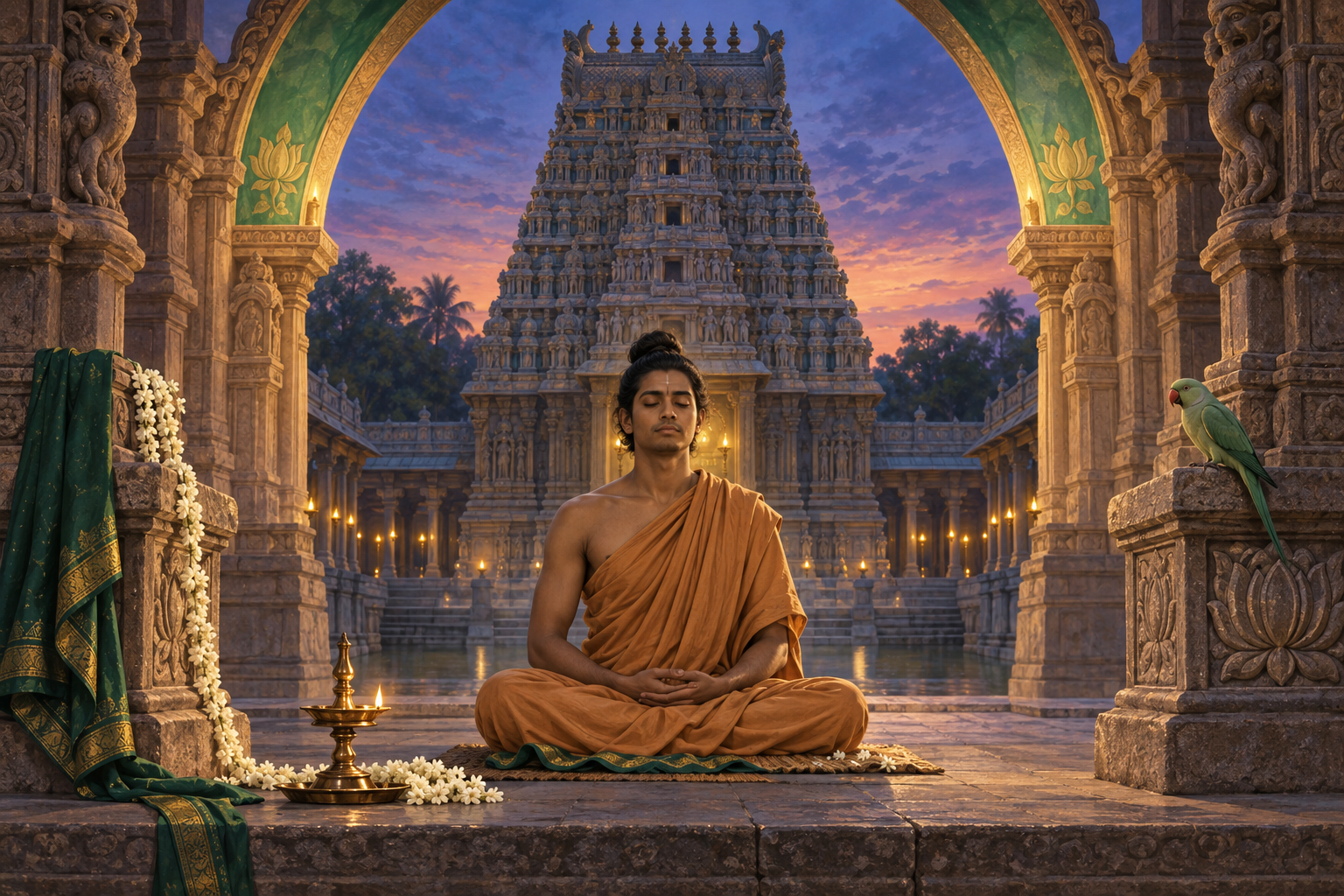 A young ochre-robed ascetic meditates beneath a temple arch surrounded by lamps, jasmine flowers, green fabric, and a carved-stone parrot.