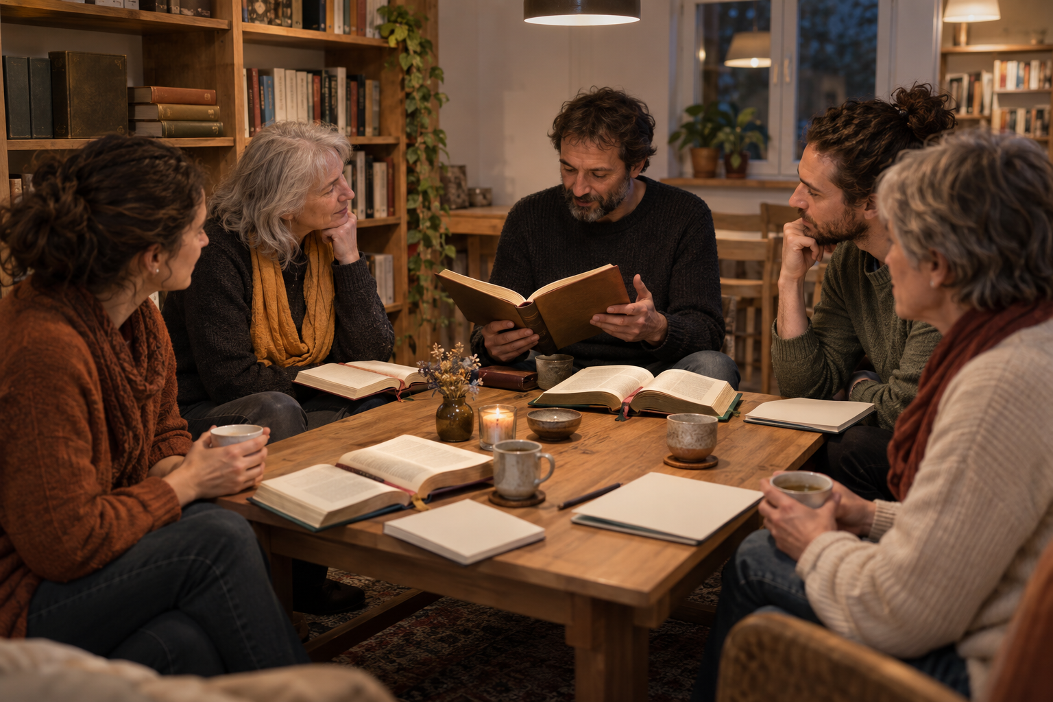 A small intergenerational group gathers around a wooden table to read and discuss scripture books in a community library.