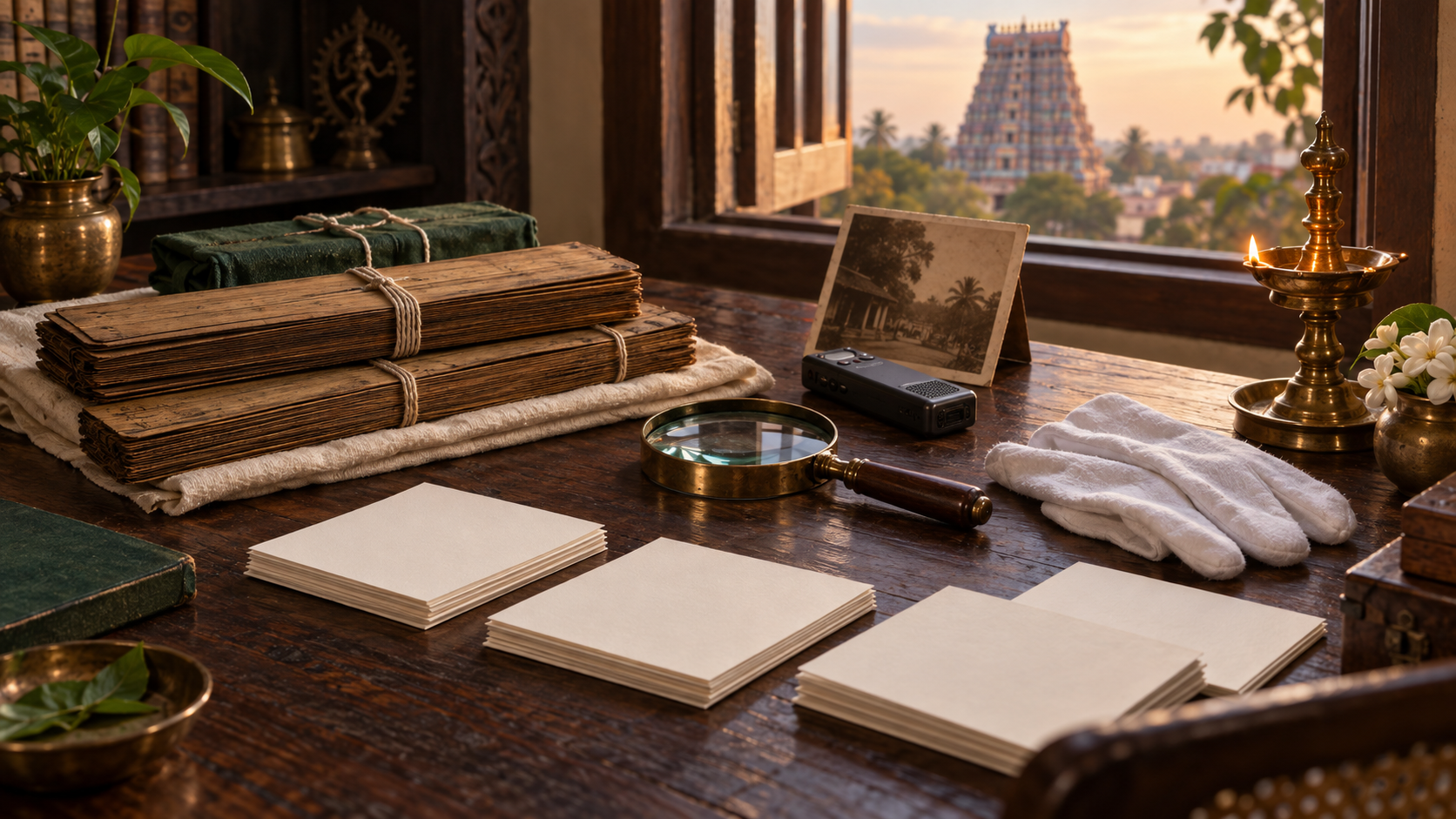 Palm-leaf manuscripts, archival materials, a magnifying glass, an audio recorder, and a brass lamp are arranged on a table overlooking a distant temple tower.