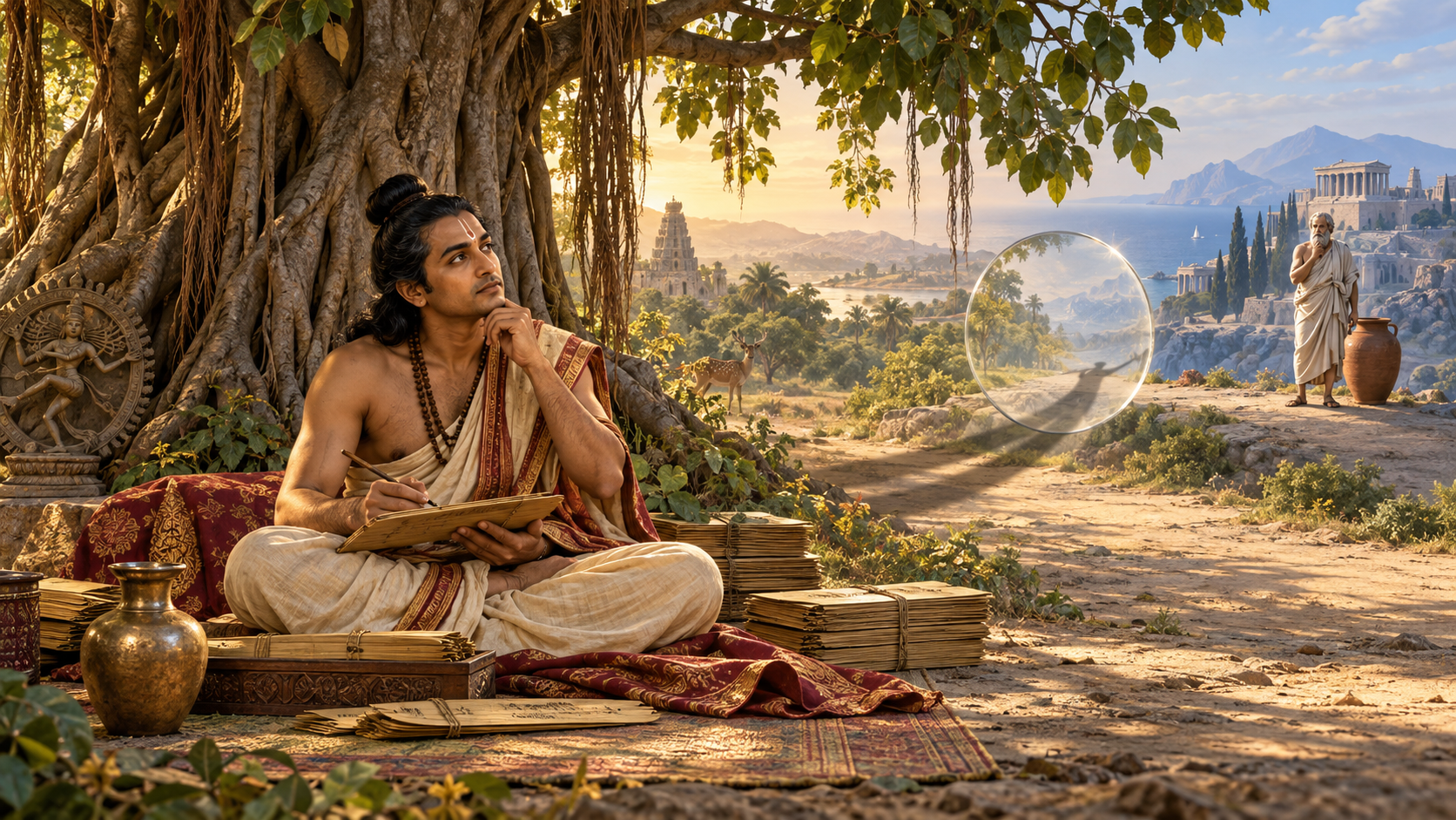 Conceptual illustration of an ancient Indian poet beneath a banyan tree, with a distant Greek philosopher and a translucent lens bending the Greek figure's shadow toward the poet.