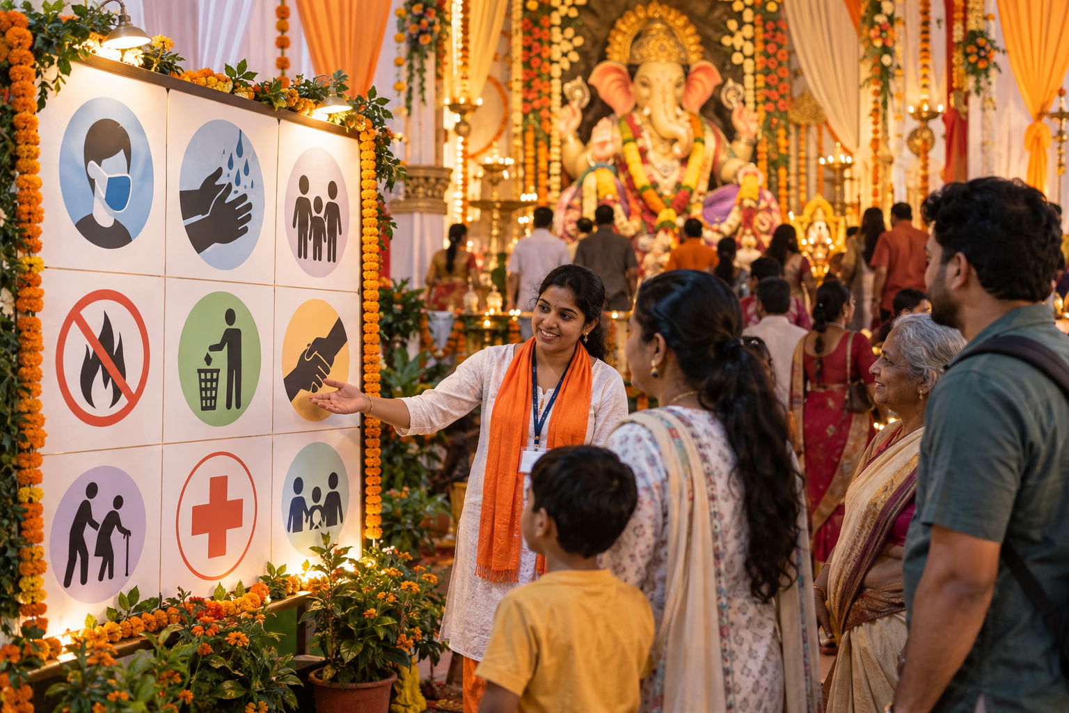 Volunteers guide families through a safety-awareness display in a warmly decorated Ganeshotsav pavilion with a Ganesha murti in the background.