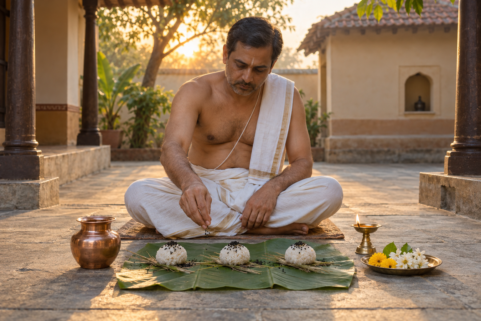A householder sits before rice pindas, black sesame, darbha grass, a copper water vessel, flowers, and a lit brass lamp in a courtyard.