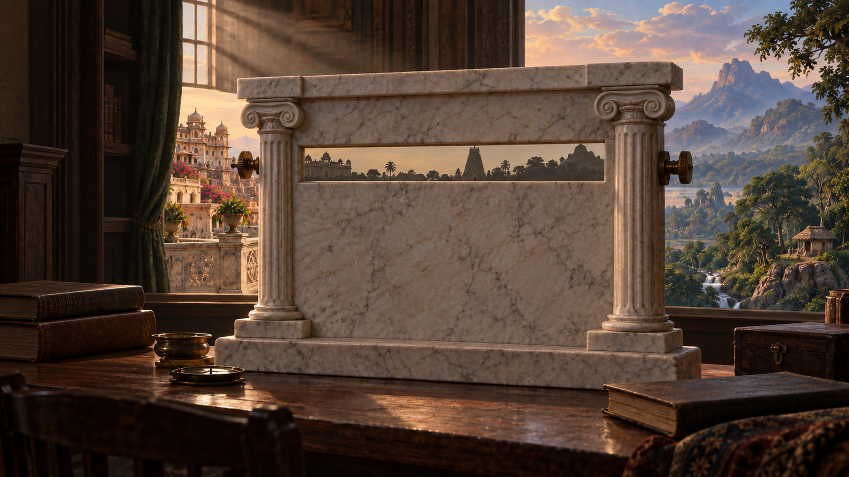A Greek-style marble frame compresses a colorful Indian landscape while the scenery outside the frame remains broad and detailed.
