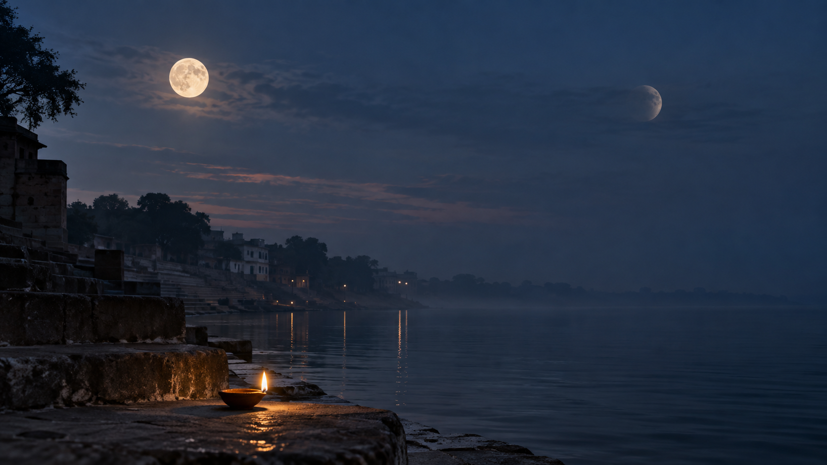 A full moon and a subtly waning moon appear across an indigo sky above a quiet riverside ghat and a glowing oil lamp.
