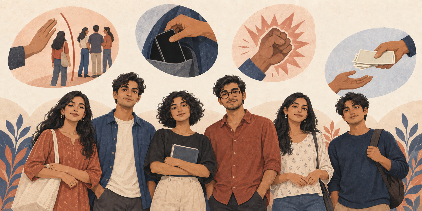 An illustration separates a diverse group of young adults from visual symbols of isolation, deception, intimidation, and financial coercion.