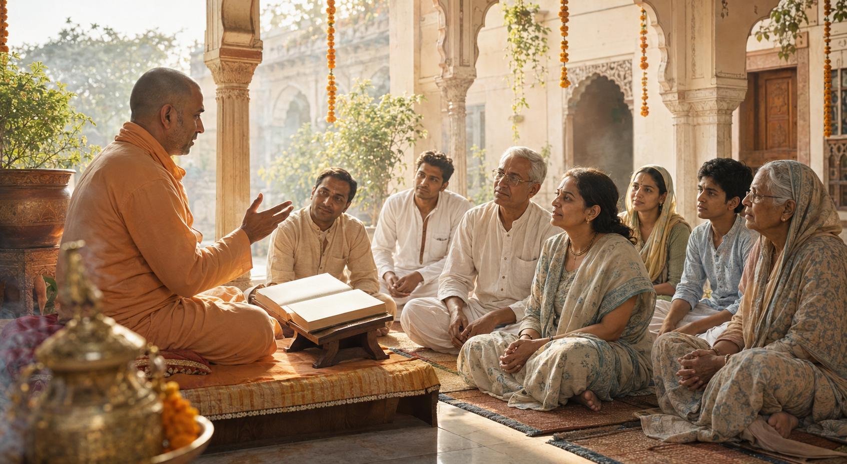 A Vaishnava teacher speaks from an open scripture as a small group listens in a sunlit Vrindavan temple courtyard.