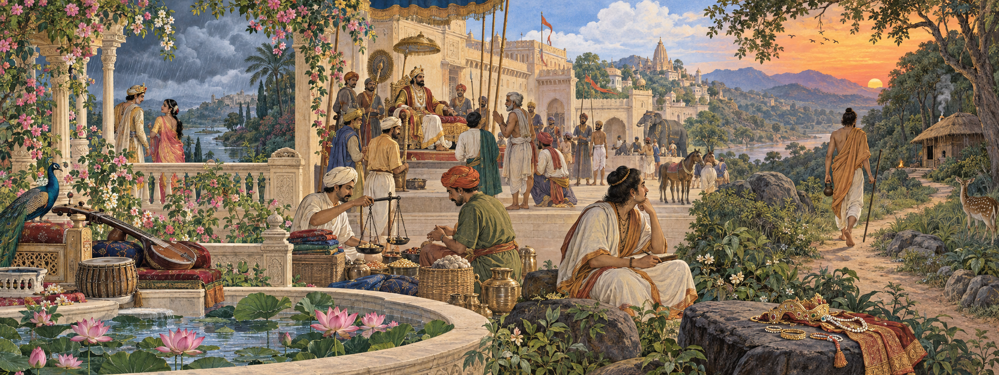 A continuous Indian landscape moves from a palace garden to a public courtyard and forest hermitage, with a poet-scholar observing scenes of love, conduct, and renunciation.