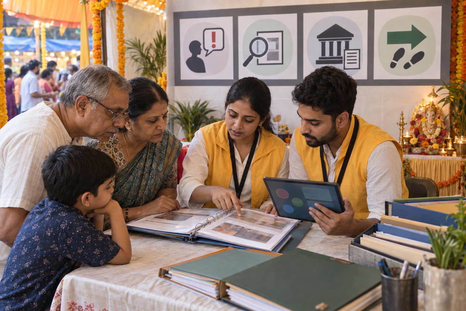 Volunteers and a family compare a binder, tablet, and organized source folders beside a visual awareness display at a Ganeshotsav pavilion.