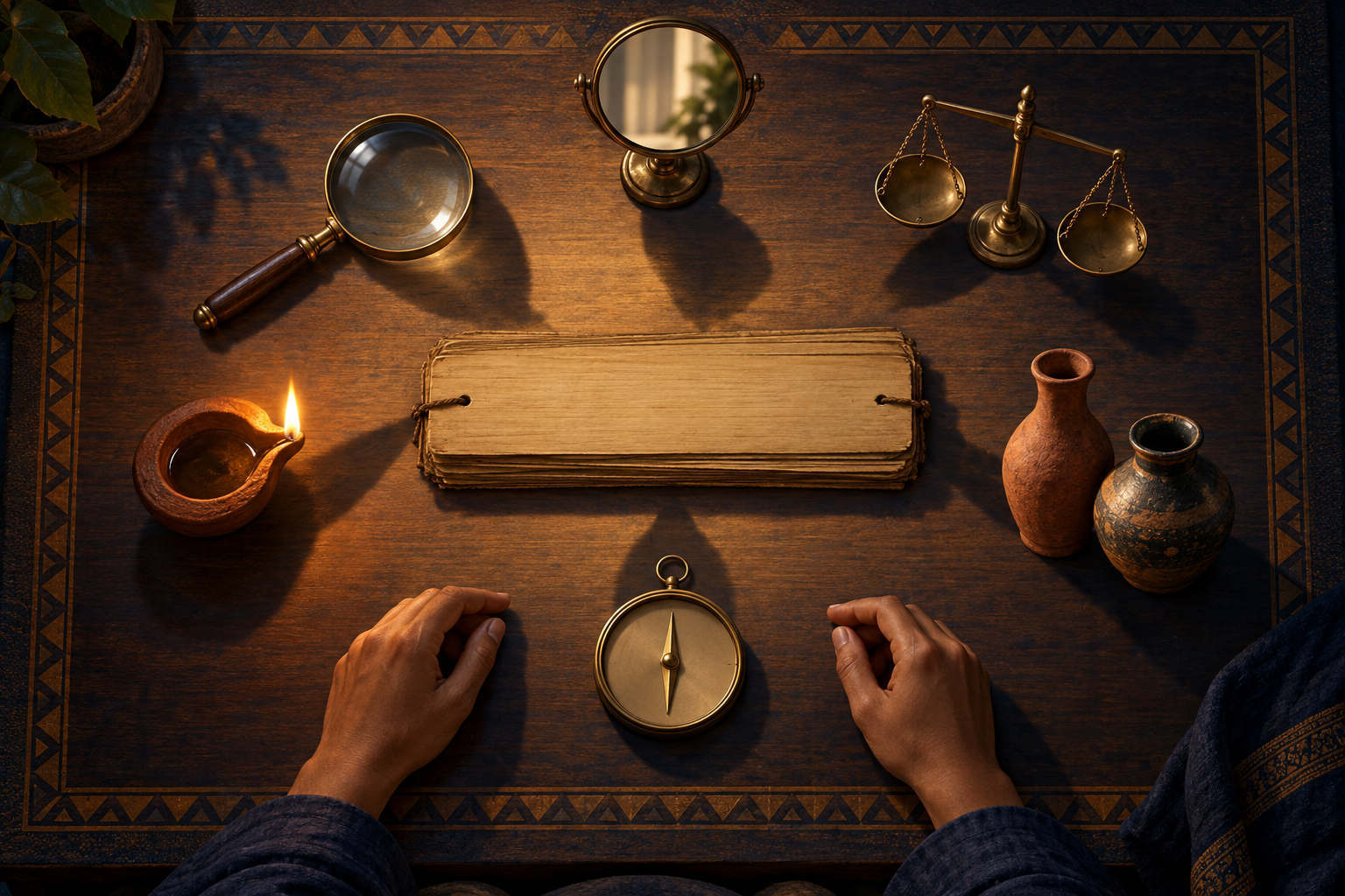 An unmarked palm-leaf manuscript is surrounded by six objects, including a lens, mirror, scales, lamp, compass, and paired vessels, on a scholar's table.