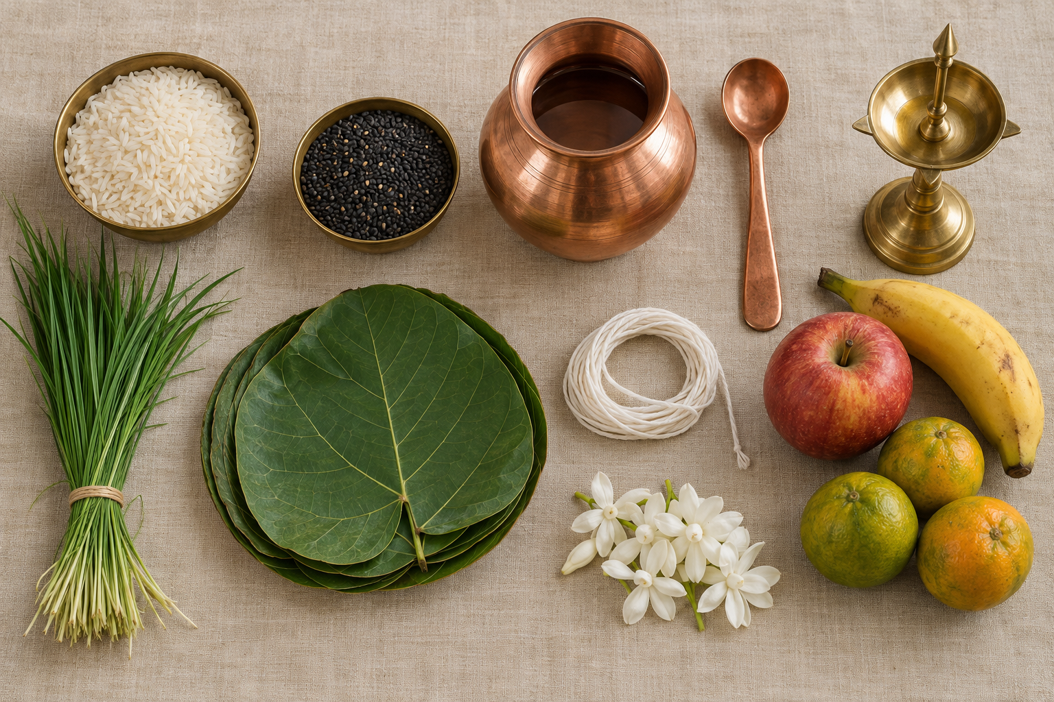 Rice, black sesame, darbha grass, a copper vessel, leaf plates, fruit, flowers, cotton thread, and a brass lamp are neatly arranged for a ritual.