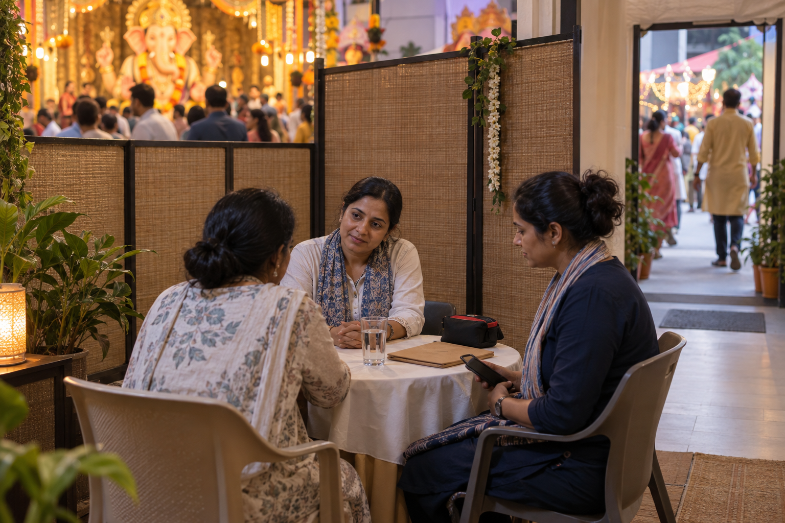 A visitor speaks privately with two community volunteers in a screened support area beside a Ganeshotsav pavilion.