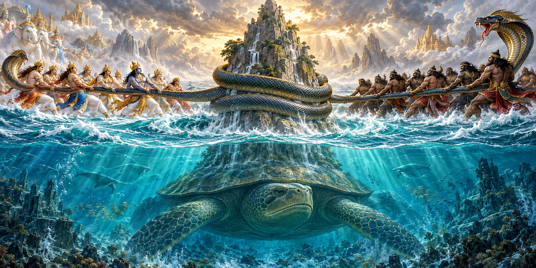 Akupara, the king of tortoises, supports Mount Mandara beneath the ocean while devas and asuras churn the waters with the serpent Vasuki.