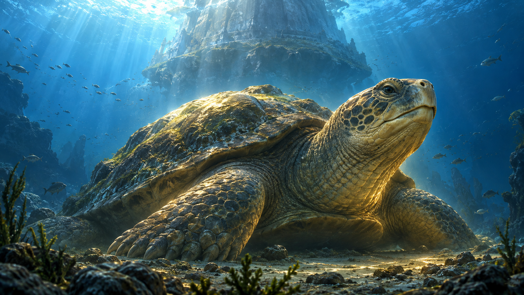 A vast, calm tortoise representing Akupara rests beneath the submerged base of Mount Mandara in the ocean.
