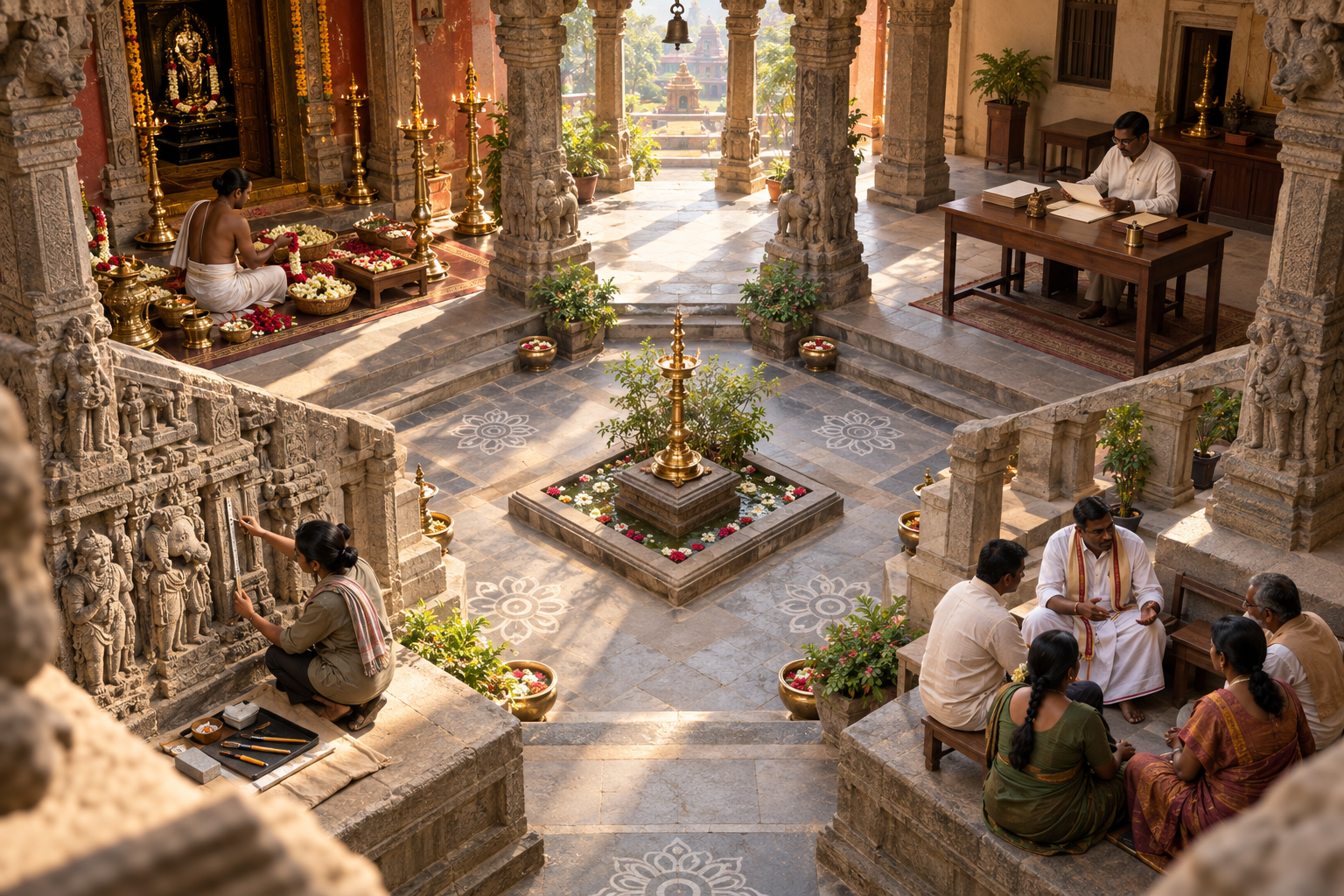 Four separate areas around a temple courtyard show ritual preparation, public administration, architectural conservation, and political consultation.