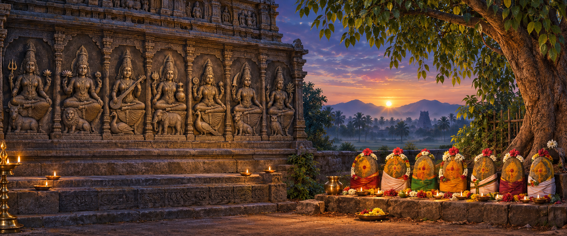 A formal relief of seven seated goddesses is shown beside a village shrine of seven flower-decorated sacred stones beneath a neem tree.