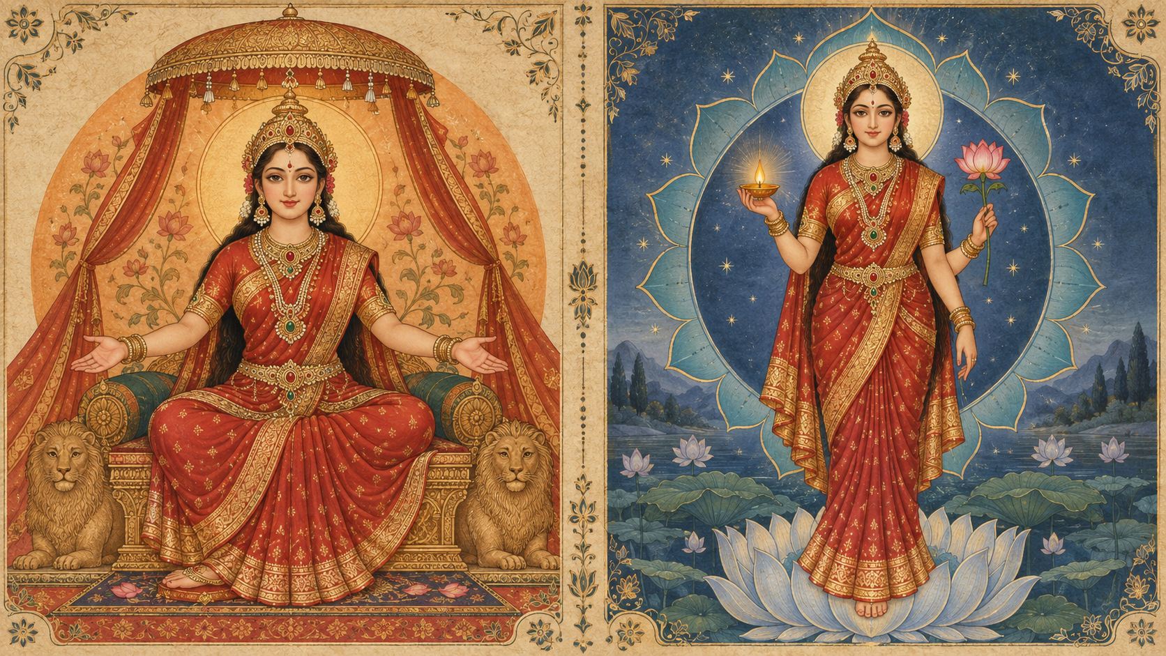 Two matching forms of an ageless goddess appear side by side, one seated beneath a protective canopy and the other standing with a lamp and lotus.