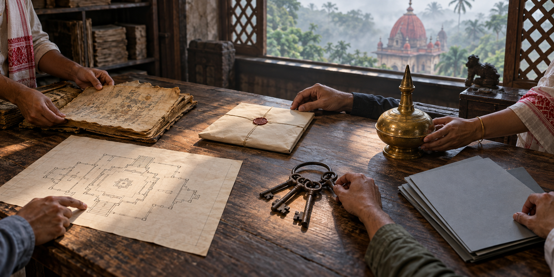Hands compare manuscripts, keys, a ritual vessel, a temple plan, and administrative files on an archive table overlooking a misty temple.