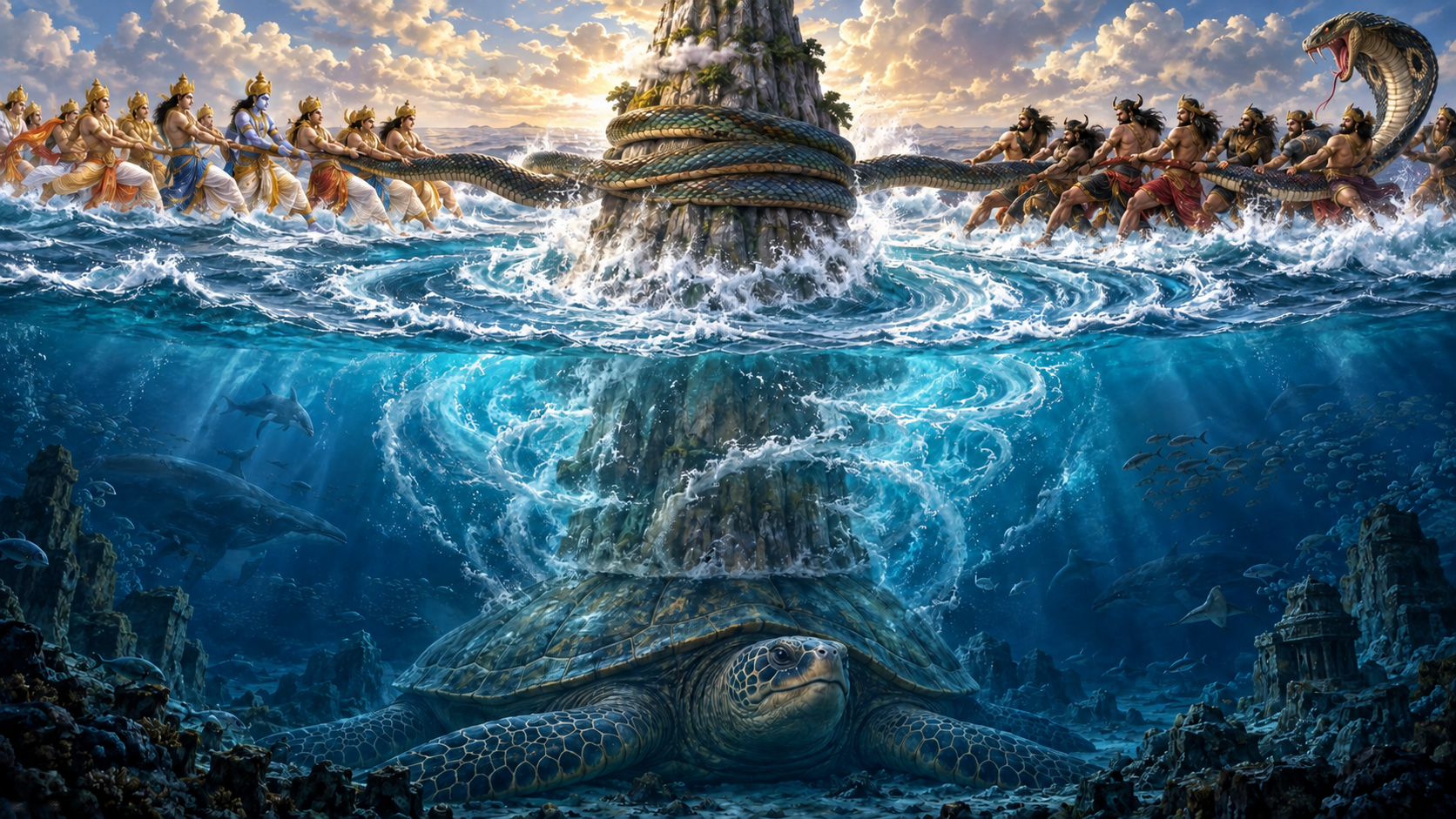 A cutaway scene shows devas and asuras churning the ocean around Mount Mandara while Akupara supports the mountain from below.