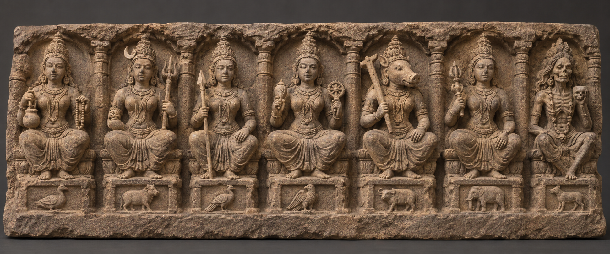 Seven seated goddess sculptures form a single frieze, with distinct hand attributes and small animal emblems carved below them.