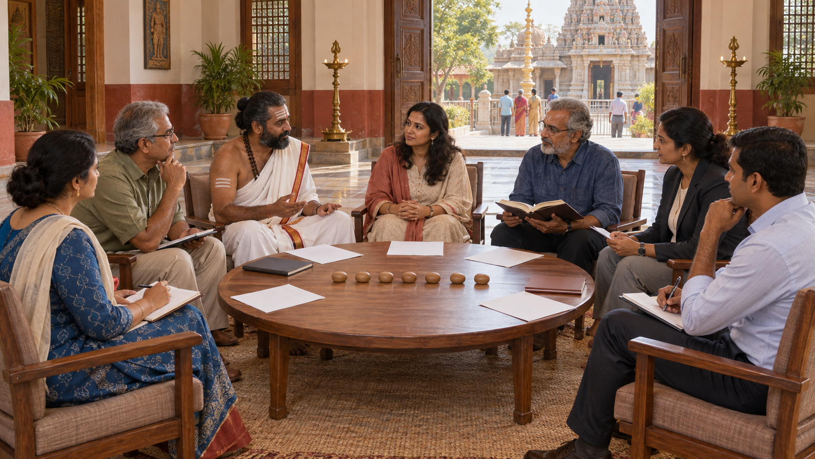 Seven participants review blank papers and seven wooden tokens during a calm meeting beside a Hindu temple courtyard.