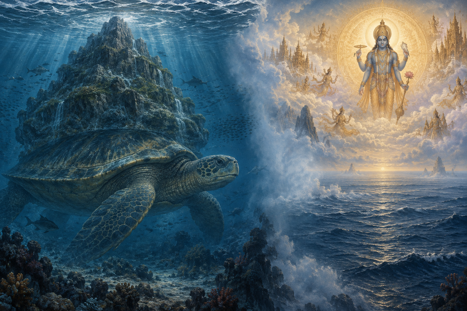 A divided mythological scene contrasts a great tortoise supporting a mountain with a separate divine presence above a cosmic ocean.