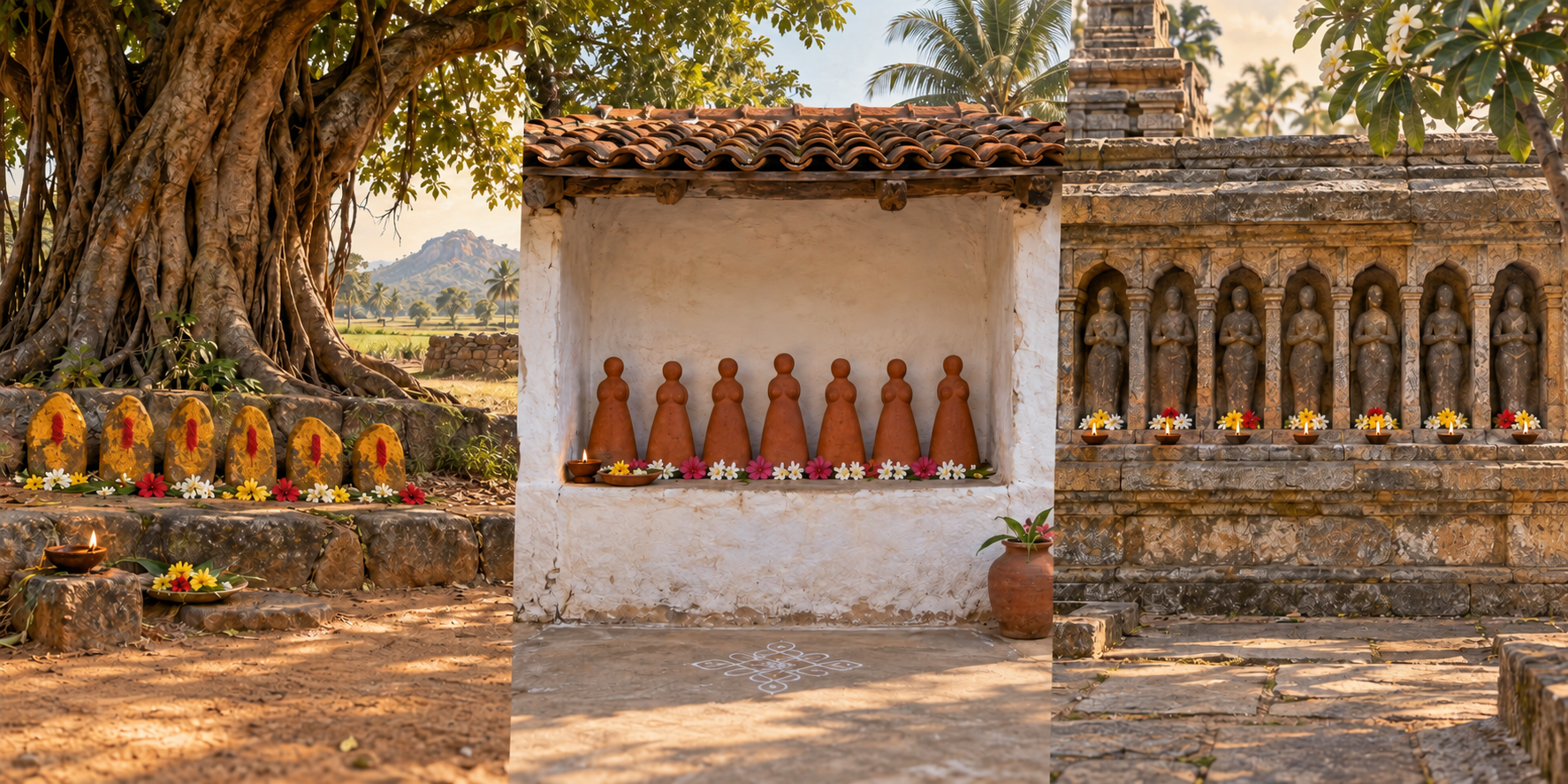 Three South Indian shrine settings show groups of seven sacred forms as decorated stones, terracotta figures, and carved niche figures.