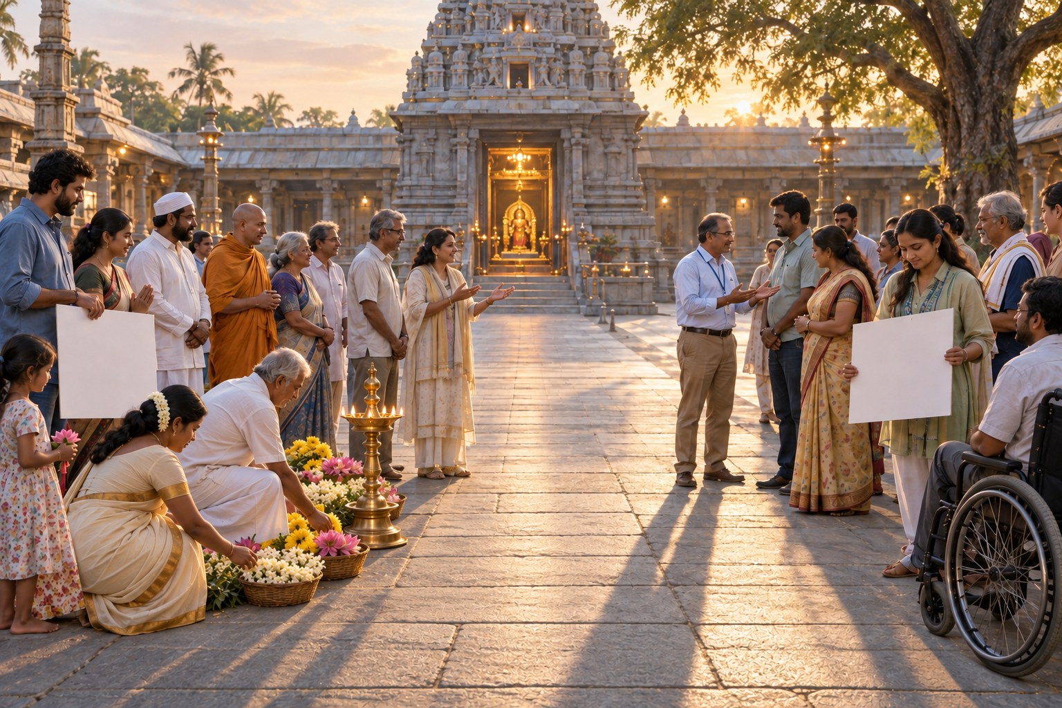 Devotees and mediators gather peacefully around a brass lamp while keeping the path to a Hindu temple sanctum open.