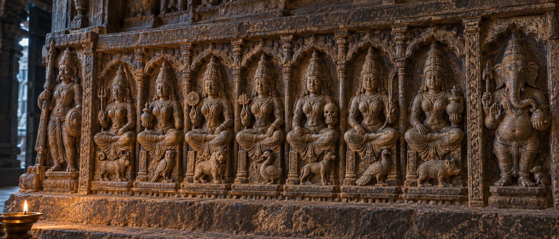 A temple panel shows seven seated goddesses with distinct attributes and animal emblems, framed by a warrior guardian and Ganesha.