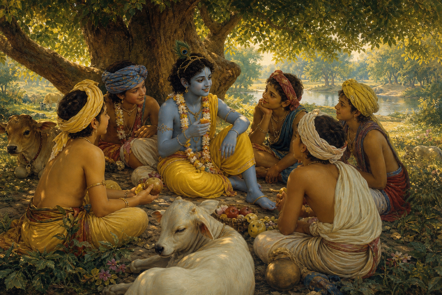 Krishna sits beneath a tree with cowherd friends sharing fruit as calves rest nearby in Vrindavan.
