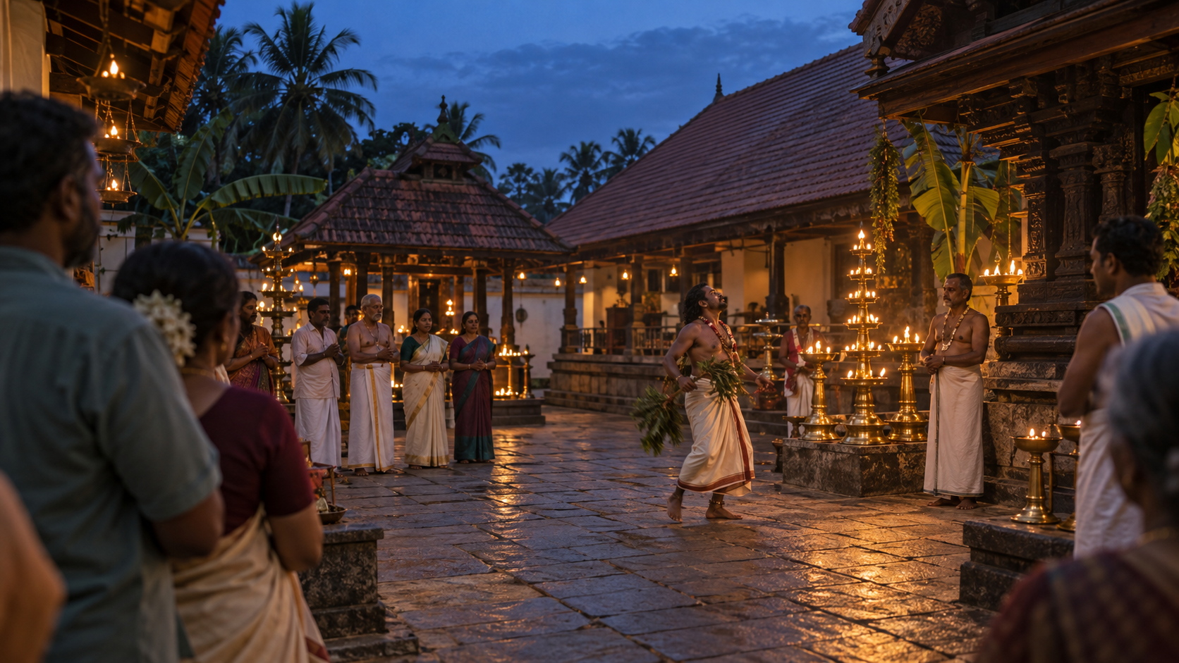 A devotee moves with intensity beside oil lamps as worshippers and attendants gather calmly in a Kerala temple courtyard at dusk.