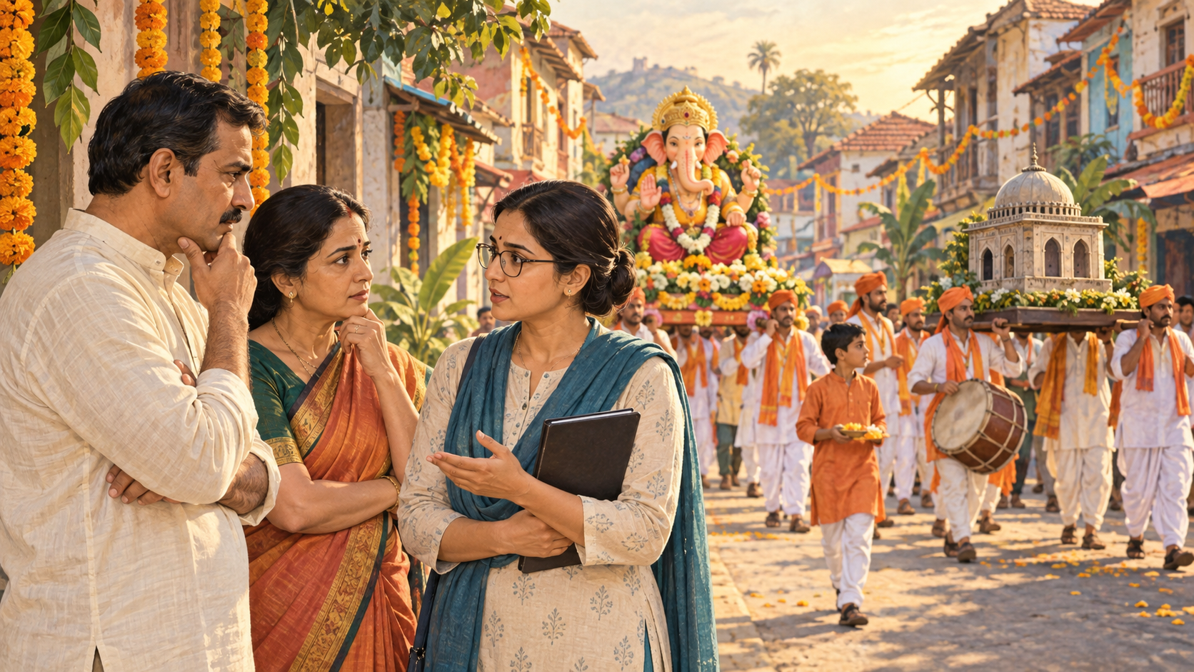 A respectful Ganesh procession passes through a town street as participants carry a small domed architectural model and concerned parents speak calmly with a school representative.