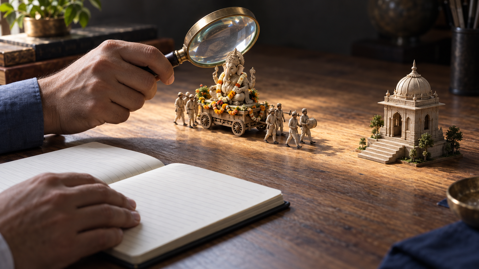 A magnifying glass is held above miniature procession models beside an open blank notebook, with part of the desk fading into shadow.