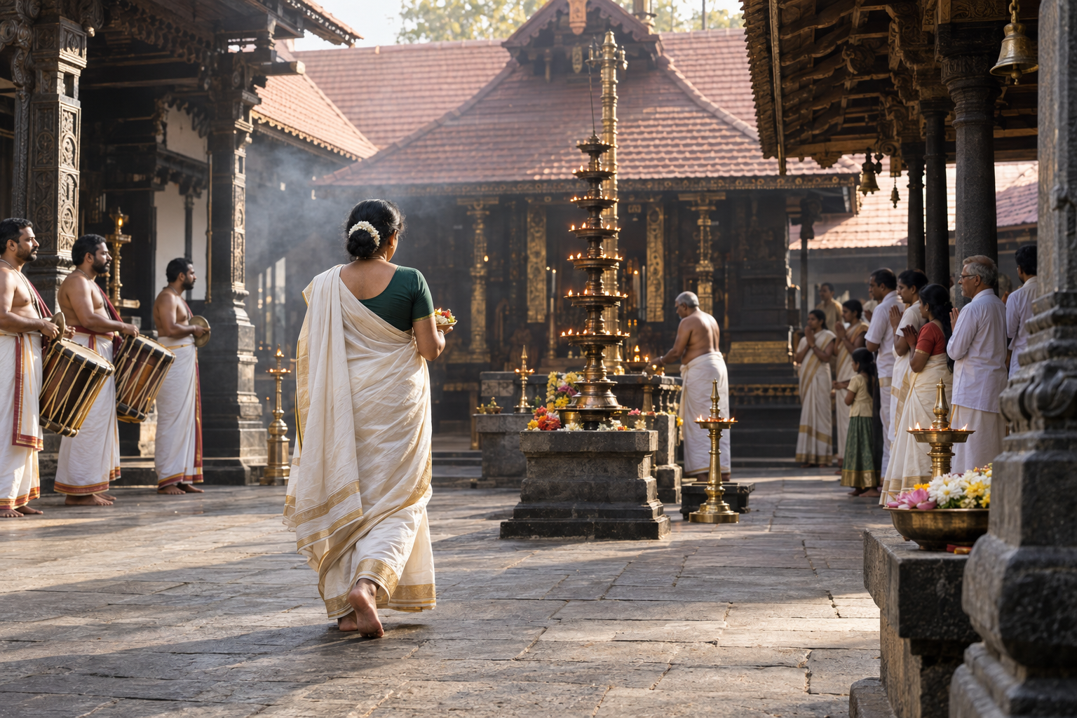 A moving devotee, oil lamps, offerings, attendants, musicians, and worshippers share a Kerala temple courtyard.