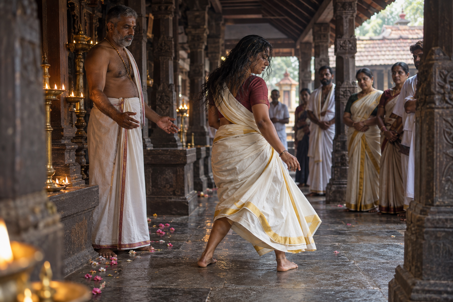 A temple attendant and nearby worshippers calmly observe a devotee turning beside brass lamps in a Kerala temple courtyard.