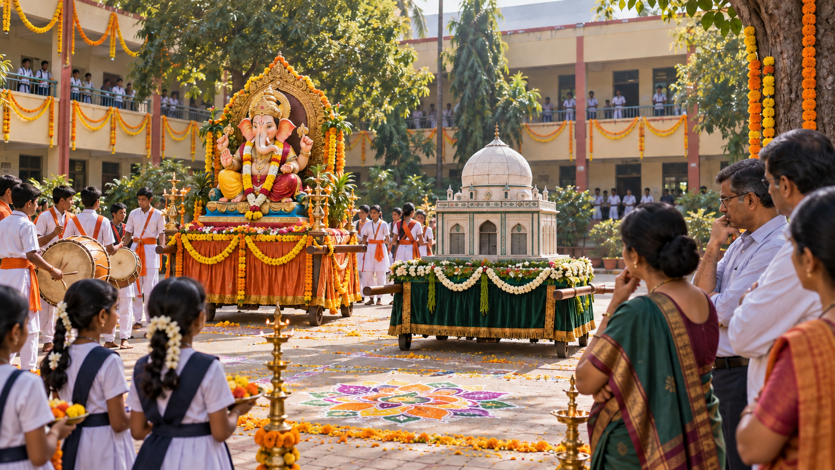 A decorated school courtyard contains a Ganesh procession display and a separate small domed shrine-like model while adults observe thoughtfully.