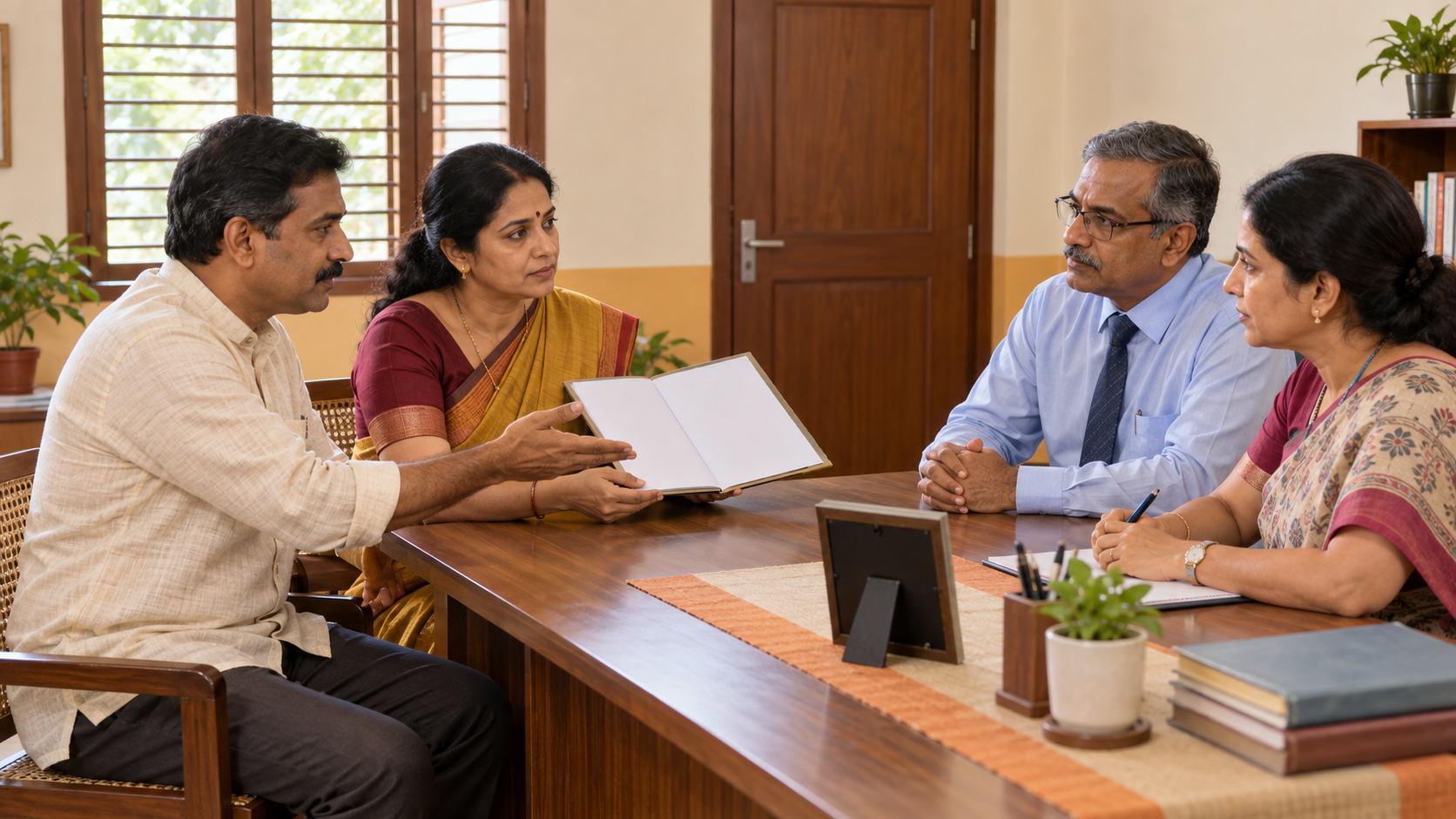 Concerned parents meet calmly with a principal and teacher across a table in a private school office.