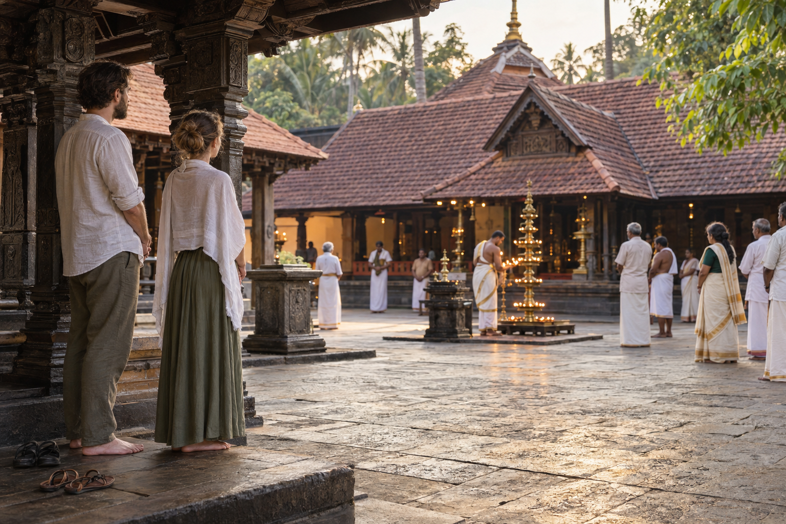 Two modestly dressed visitors watch quietly from the edge of a Kerala temple courtyard while a ritual continues near oil lamps.
