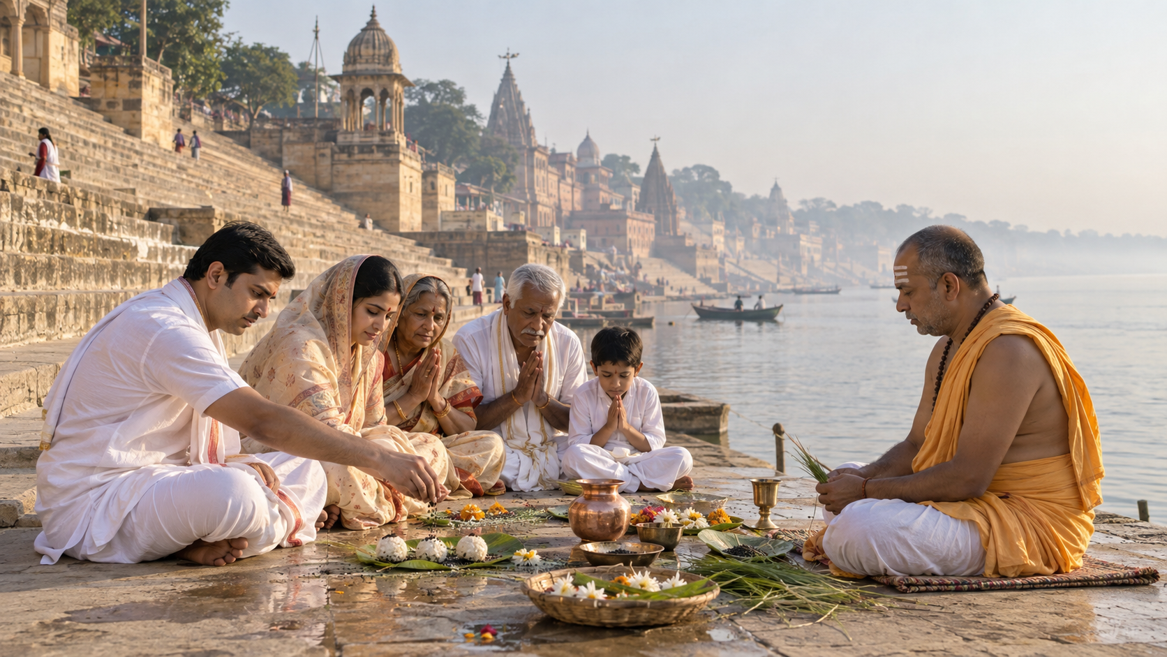 A family performs Shraddha with a purohit beside a river, with rice pindas, sesame seeds, darbha grass, flowers, and copper vessels arranged on a mat.