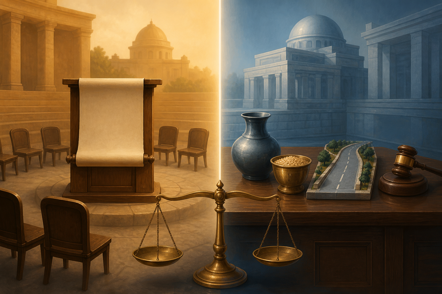 A divided illustration shows an empty lectern and meeting chairs on one side and a public administration desk with civic objects on the other.