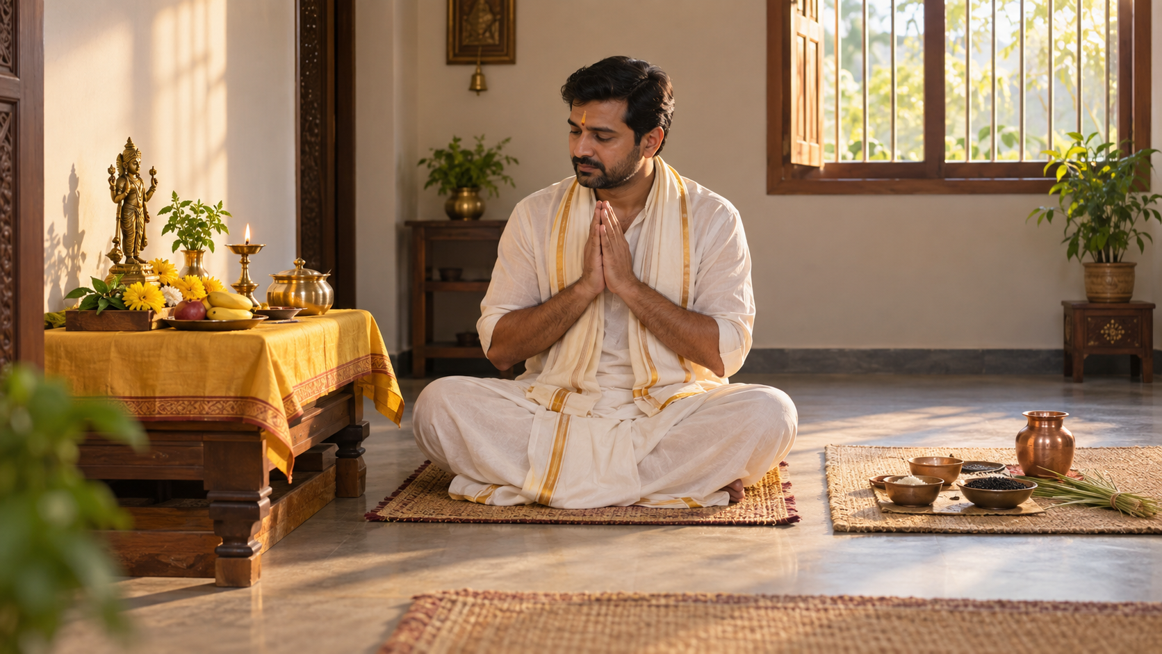 A householder sits between a Vishnu altar and a separate ancestral offering prepared with water, sesame, and darbha grass.