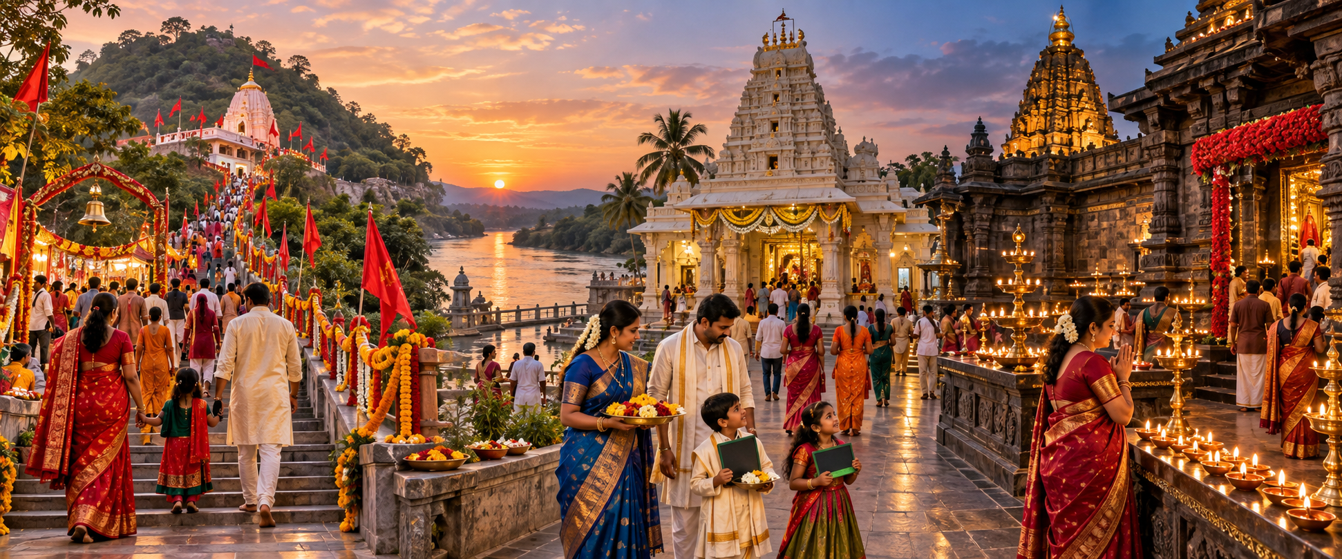 A panoramic illustration of Navratri pilgrims at temple settings representing Mata Mansa Devi in Panchkula, Gnana Saraswati in Basar, and Mahalakshmi in Kolhapur.