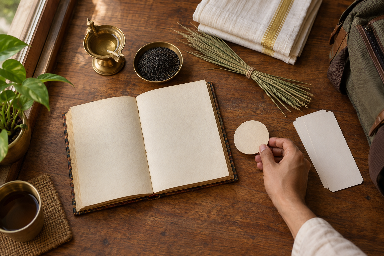 Ritual items, blank travel papers, a lunar-phase token, and an unprinted almanac booklet are arranged on a wooden table beside a travel bag.