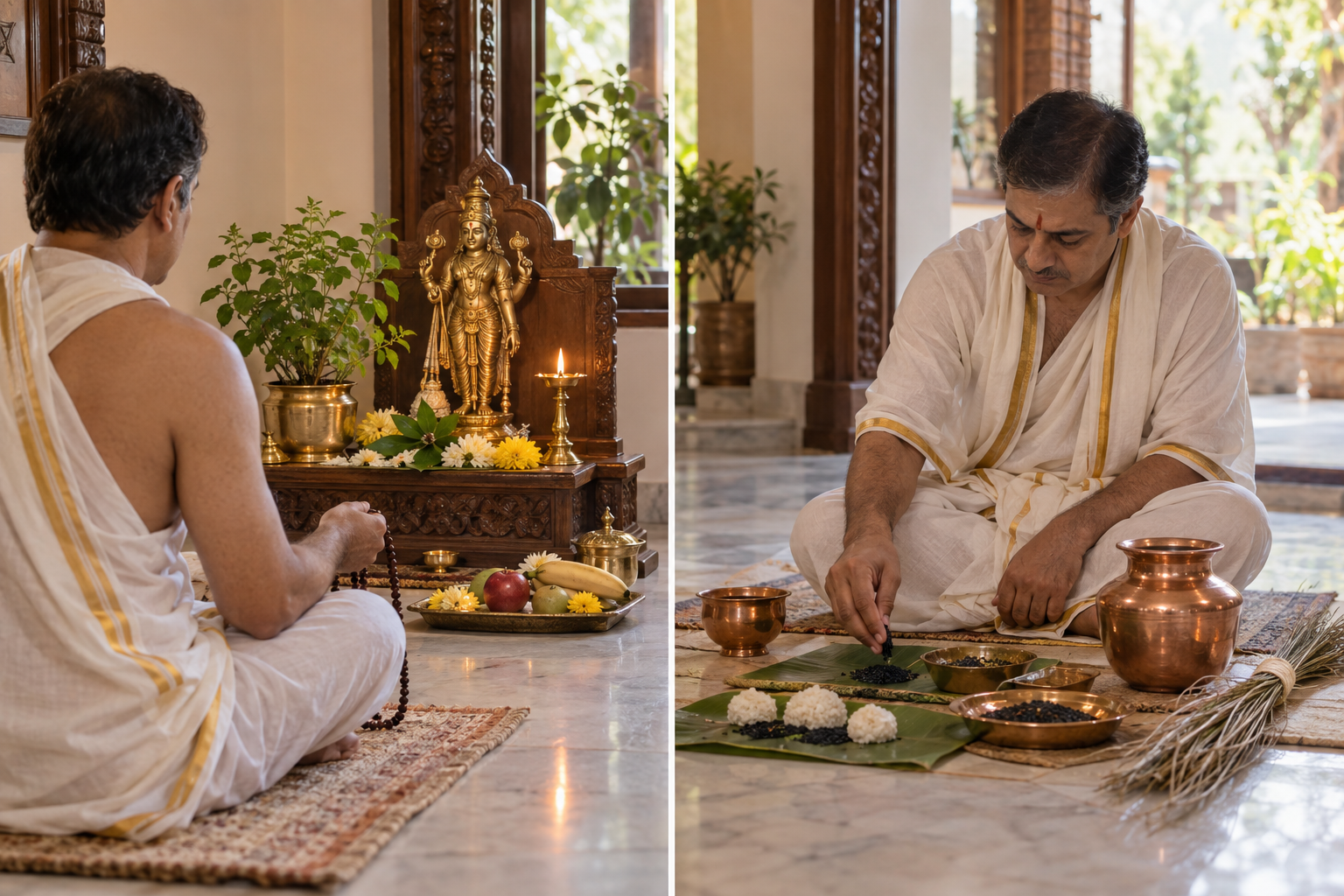 A diptych contrasts Vishnu worship for Ekadashi with a separate Pitru Paksha ancestral offering.