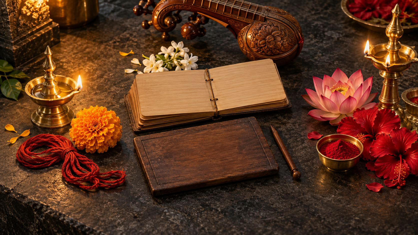 Three devotional arrangements featuring prayer offerings, learning objects, and lotus-and-lamp symbols of prosperity and Shakti.