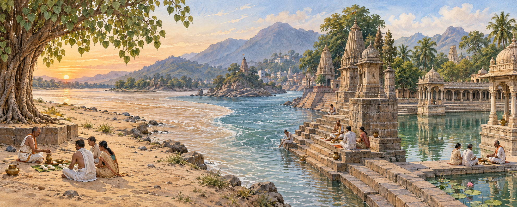 Four pilgrimage settings appear in one panorama: a sandy riverbank, a river confluence, a stepped ghat, and a temple tank, each with small groups preparing ancestral rites.