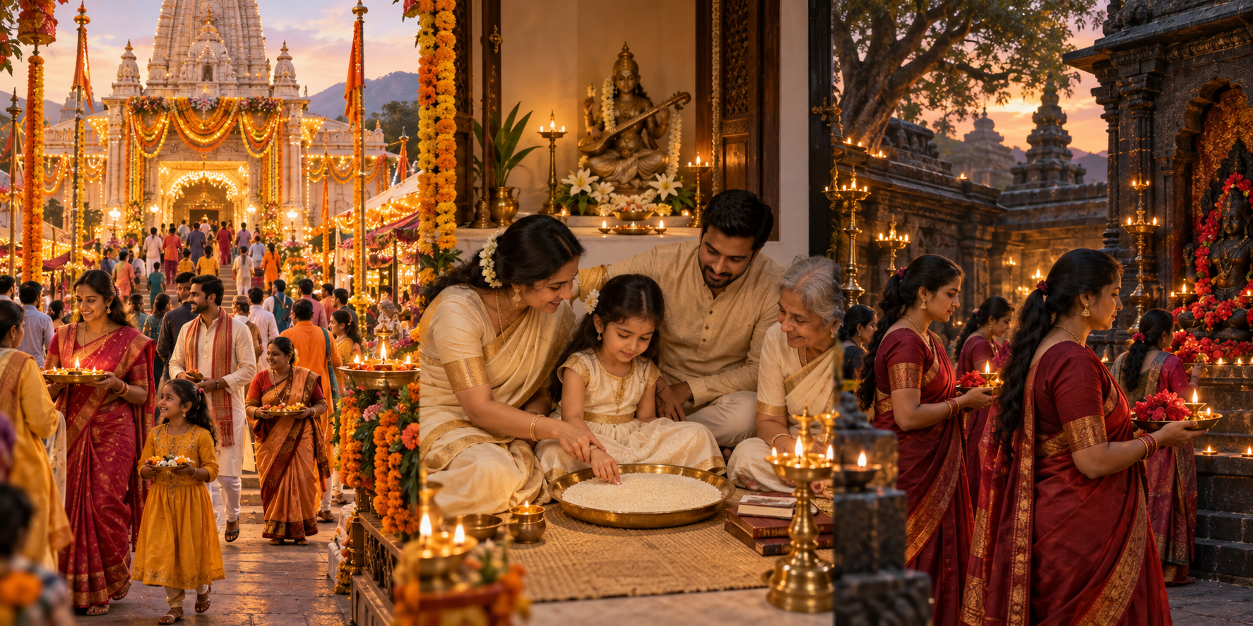 Three Navratri scenes show a crowded temple mela, a child's first-learning ritual, and a lamp-lit Shakti observance.
