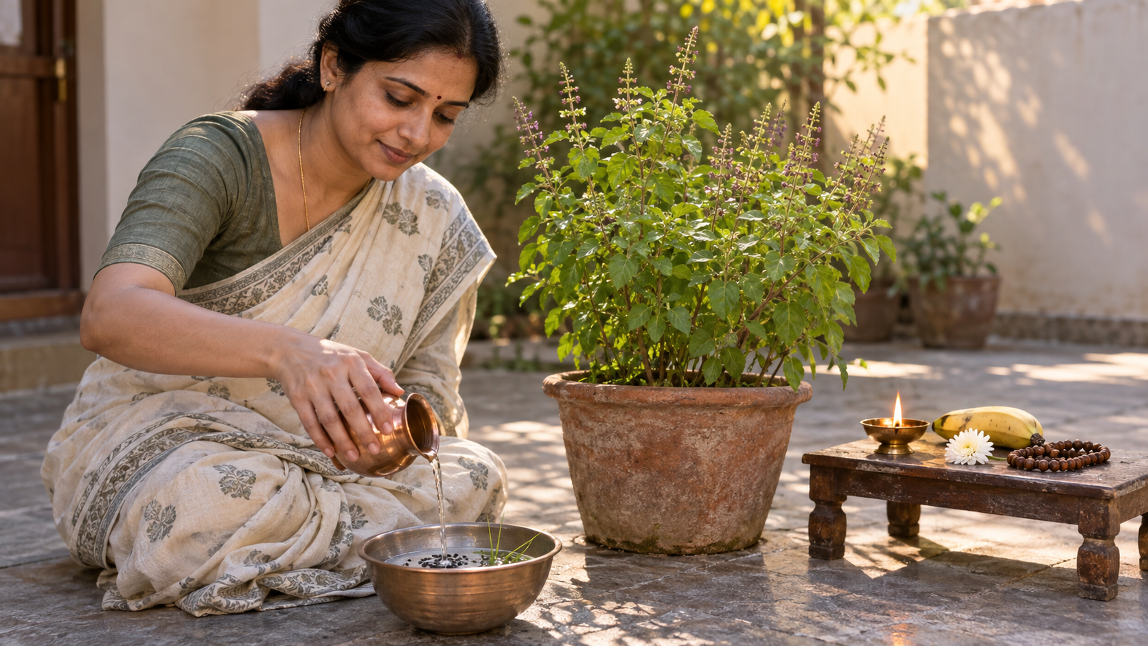 A devotee makes a simple water offering with black sesame and darbha grass beside a modest prayer setting.