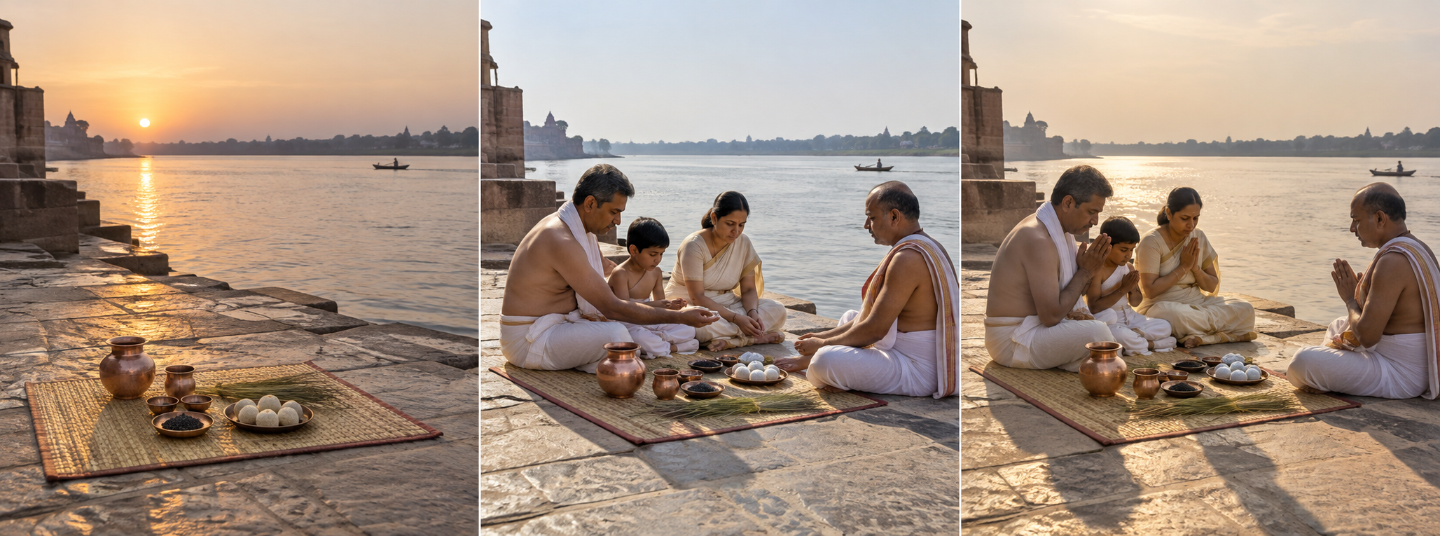 Three views of the same riverside ritual setting show morning, late-morning, and afternoon light as a family completes Shraddha with a purohit.