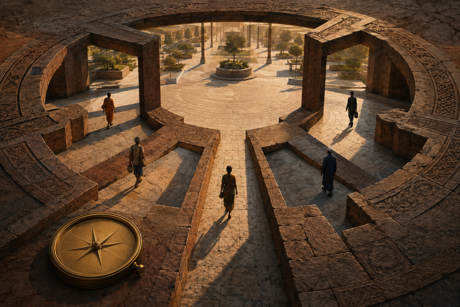 Five diverse anonymous figures approach a shared stone courtyard through different passages, with a brass compass in the foreground.